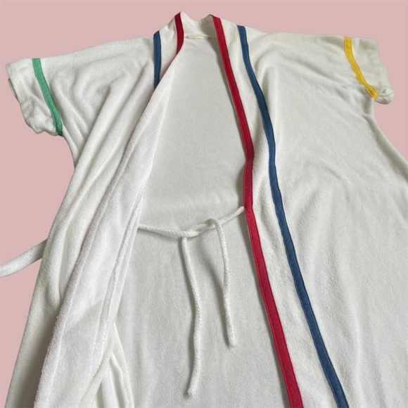 Vintage 70s Terry Cloth Pool Spa Retro Resort Wrap Robe White Rainbow Loungewear - Picture 8 of 13